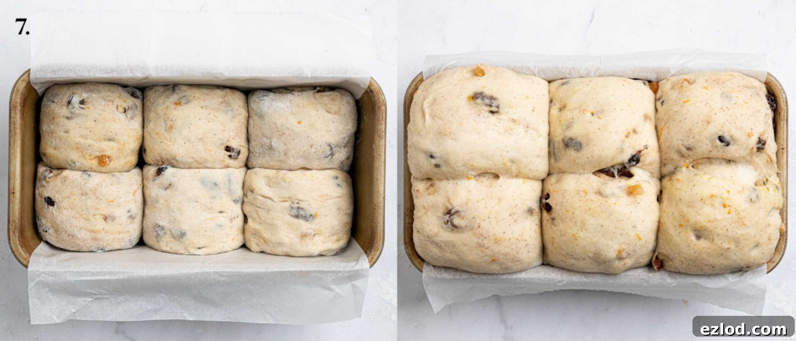 Step 7, a two image collage of the loaf before and after rising.