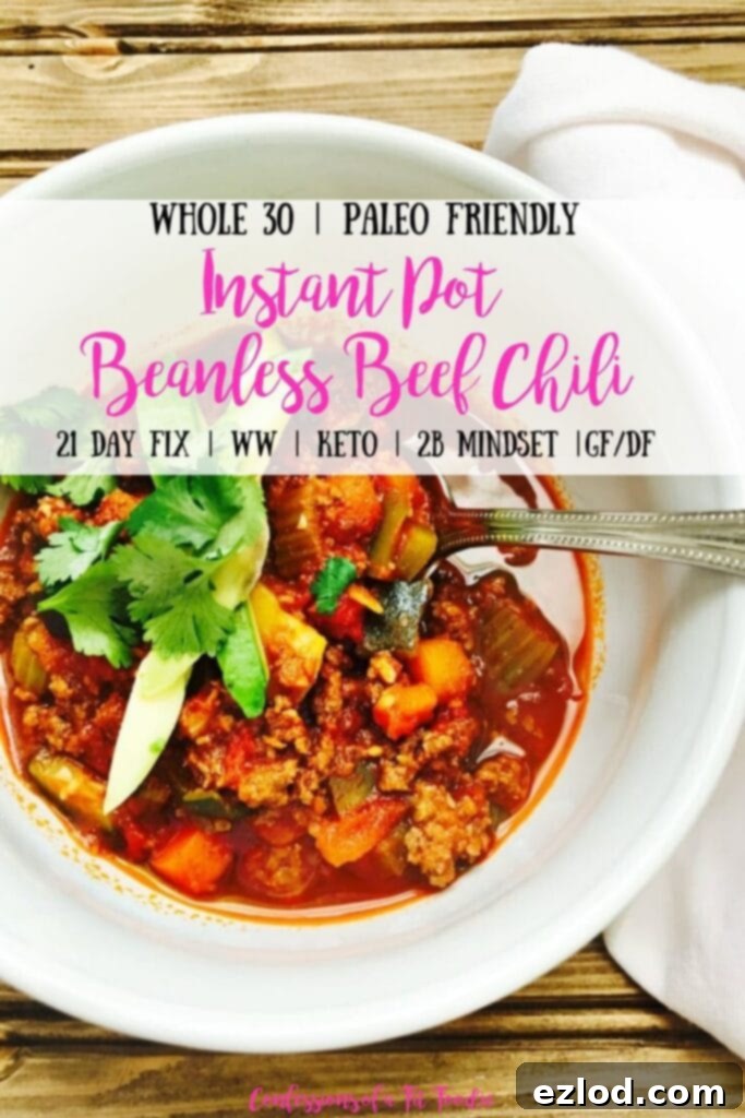 Pinterest photo of Beanless Chili for the Instant Pot with text overlay