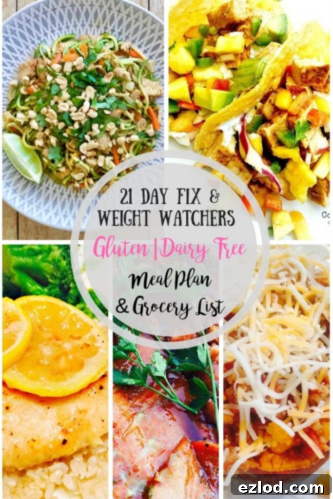 A vibrant 21 Day Fix Gluten-Free & Dairy-Free Meal Plan spread, featuring a variety of healthy and colorful dishes ready for the week, alongside a meal plan notebook.
