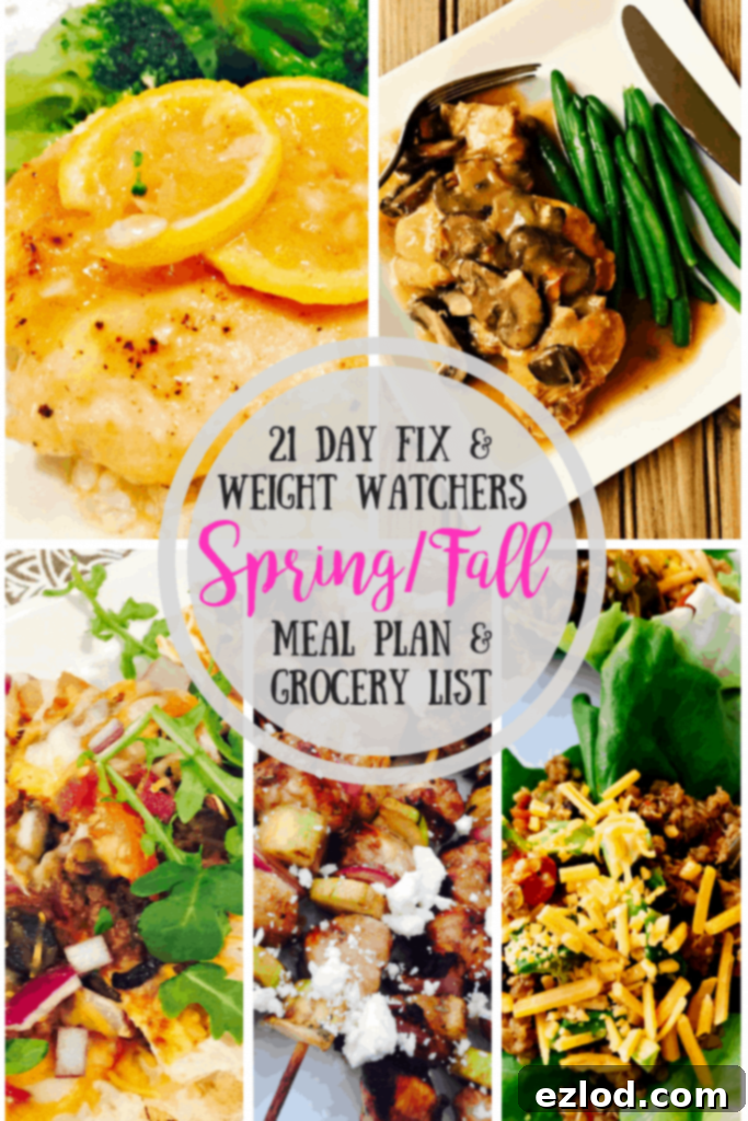 Baked Lemon Chicken, Chicken Marsala, Bacon Cheeseburger Pizza, Chicken and Zucchini Balsamic Skewers, and Turkey Quinoa Bake photo collage with text overlay- 21 Day Fix & Weight Watchers Spring/Fall Meal Plan & Grocery List