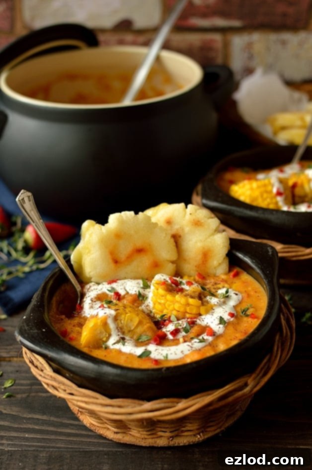 A bowl of creamy spiced yellow split pea and sweetcorn soup, served with golden cheesy arepas for dunking