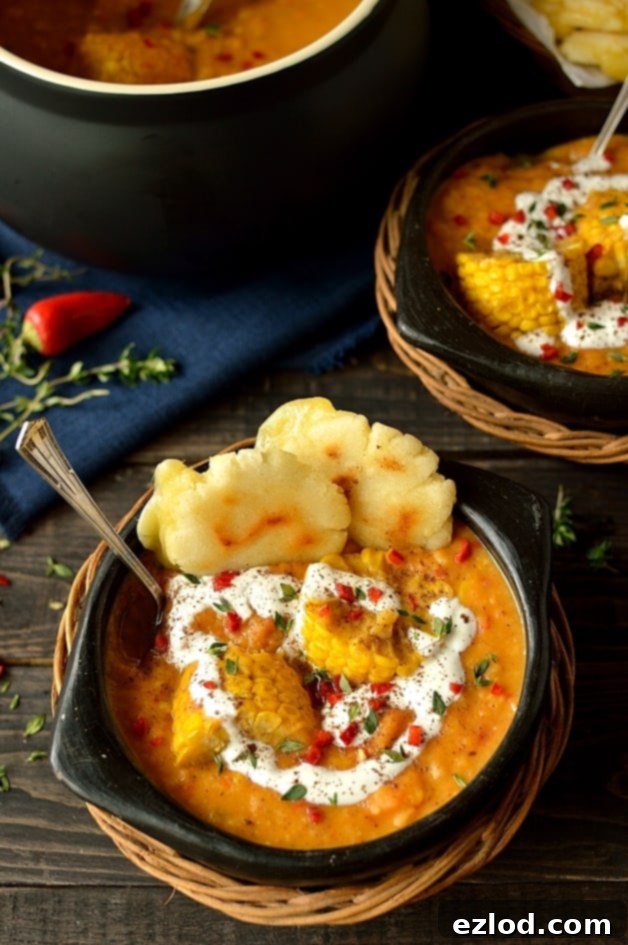 Nutritious and delicious creamy spiced yellow split pea and sweetcorn soup with cheese-stuffed arepas