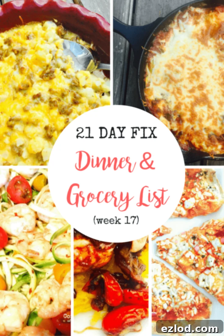 Picture collage of 5 dinners with the text overlay 21 Day Fix Dinner & Grocery List (Week 17) from Confessions of a Fit Foodie