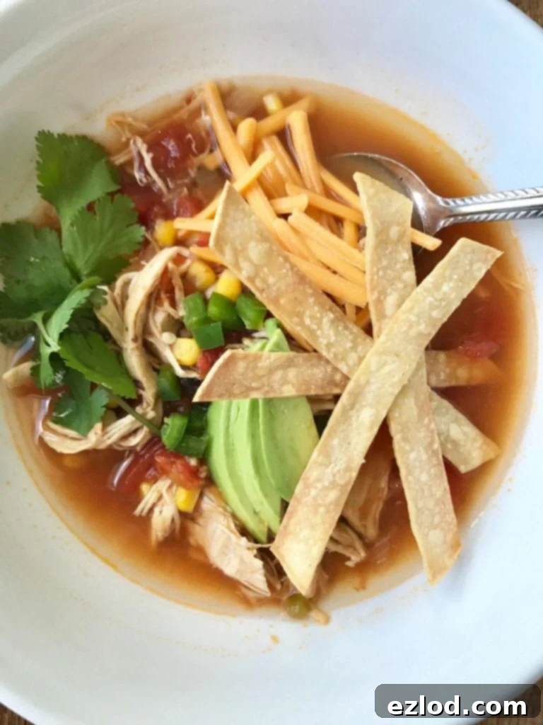 Instant Pot Chicken Tortilla Soup | Confessions of a Fit Foodie, presented in a vibrant bowl with avocado and tortilla strips.