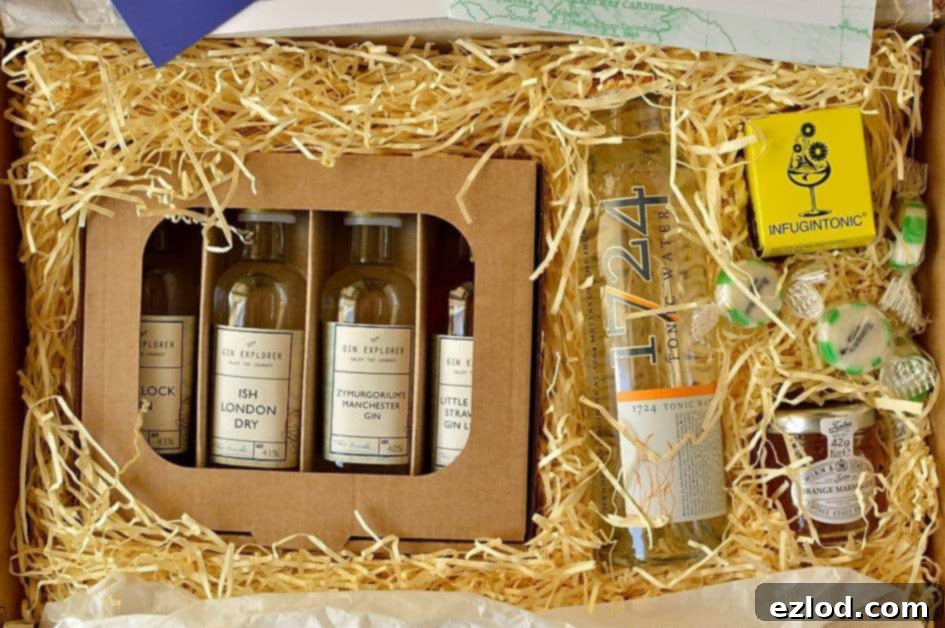Gin Explorer April box contents, including bottles and accessories