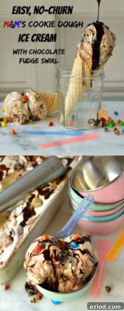 Easy, no-churn, three ingredient vanilla ice cream with M&M's cookie dough pieces and chocolate fudge swirl, for a blog post footer