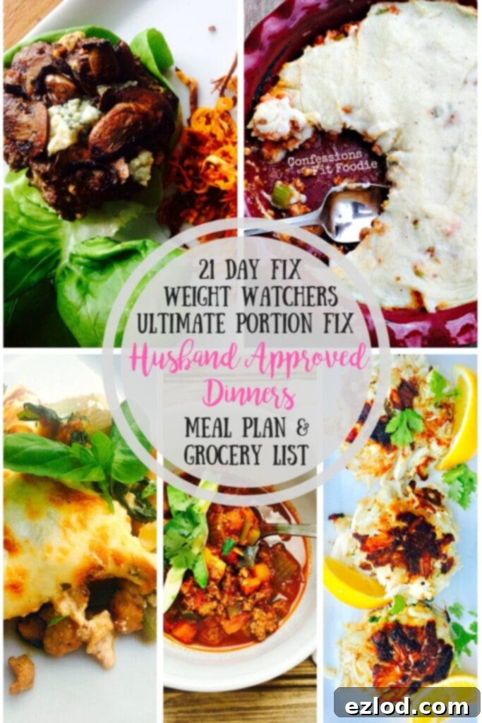 A collage of five "husband approved" dinners, with text overlay: "21 Day Fix Weight Watchers Ultimate Portion Fix Husband Approved Dinners Meal Plan & Grocery List". Featured dishes include Shepherd