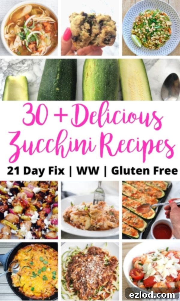 Food photo collage with pink and black text overlay- 30+ Delicious Zucchini Recipes | 21 Day Fix | WW | Gluten Free