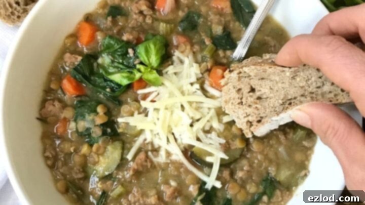 Instant Pot Sausage and Lentil Soup with zucchini