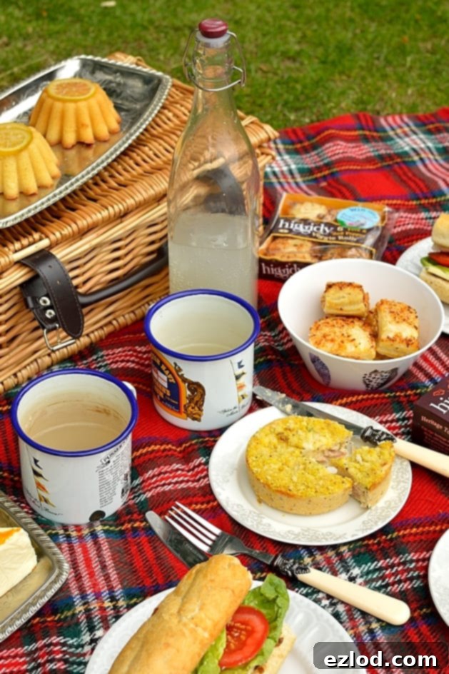 A close-up of Higgidy Ham Hock and Petit Pois Quiche and Feta and Red Pepper Rolls on a picnic blanket.