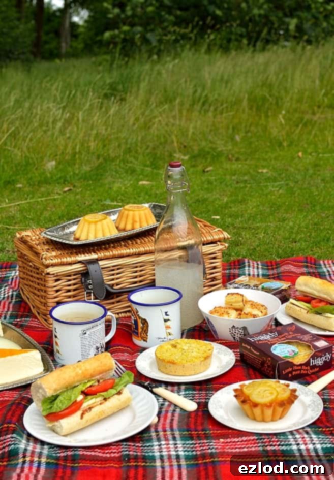 A wide shot of the picnic set up in the park, showing the blanket, food, and Ringo relaxing.