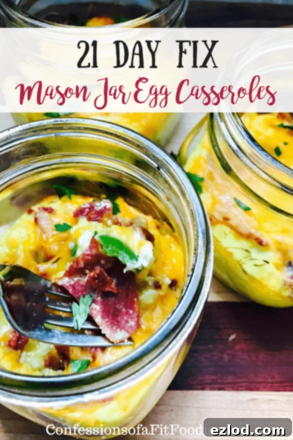 Close-up of a finished 21 Day Fix Mason Jar Egg Casserole with fresh herbs
