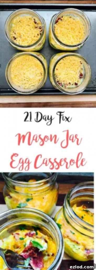 A final close-up of a 21 Day Fix Mason Jar Egg Casserole with fresh herbs on top, ready to be enjoyed.