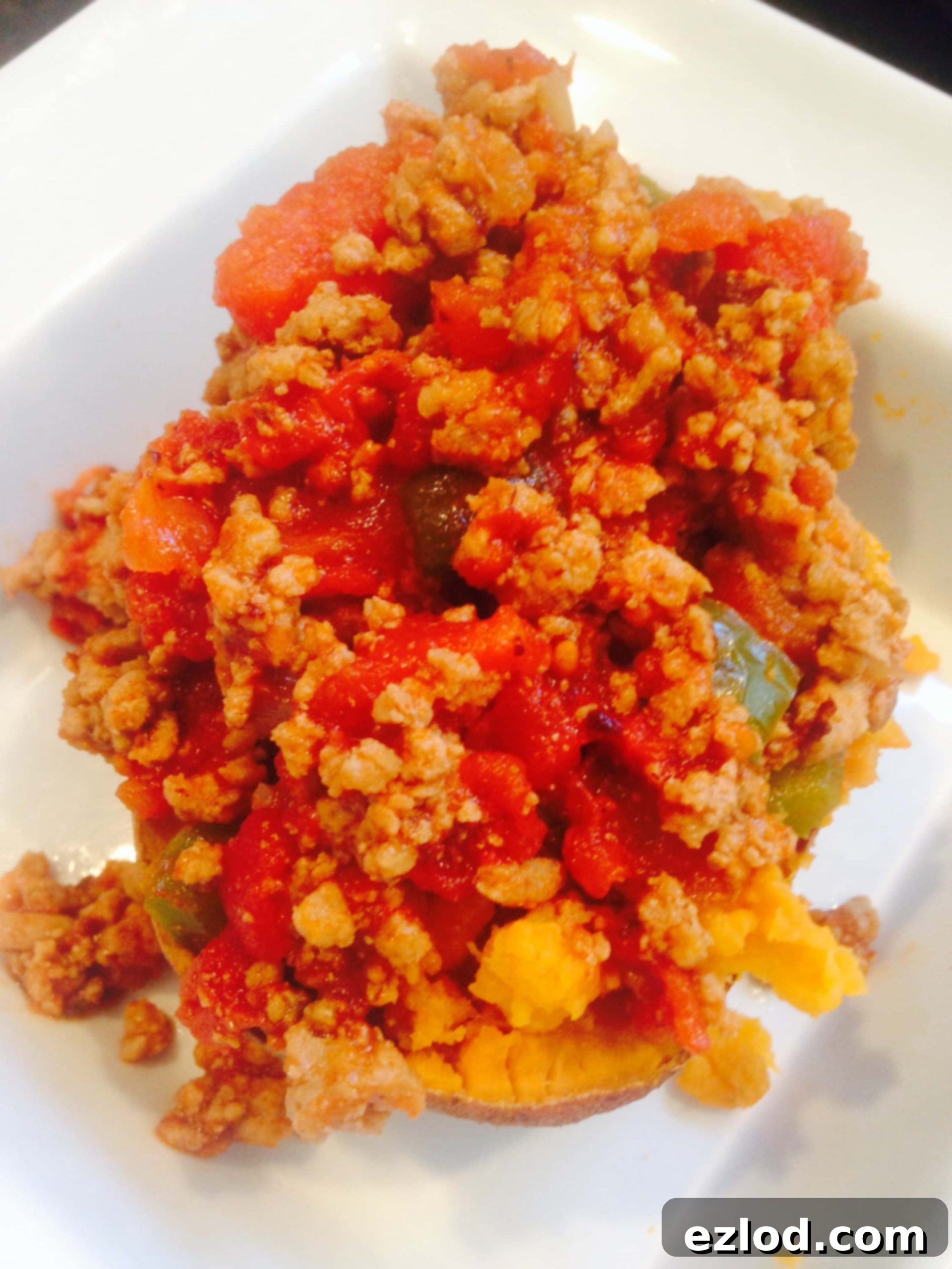Overhead shot of Sloppy Joe Stuffed Sweet Potatoes, ready to be served as a healthy, hearty meal