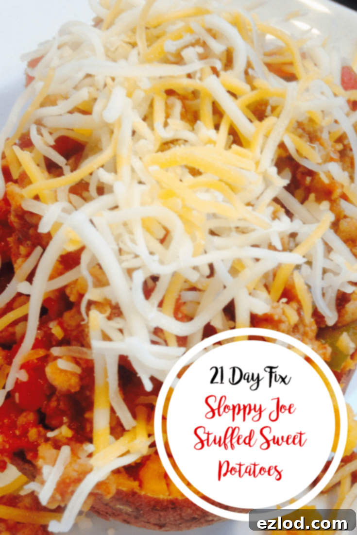 Sloppy Joe Stuffed Sweet Potatoes recipe card with nutritional information and 21 Day Fix container counts