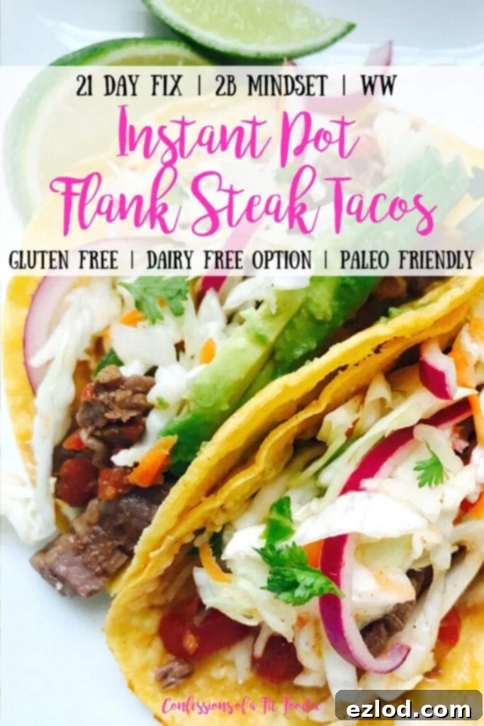 Tender Instant Pot Flank Steak Tacos 6 A beautifully composed image of two Instant Pot Flank Steak Tacos on a white plate with fresh limes, highlighting their healthy and delicious appeal. Text overlay mentions 21 Day Fix, 2B Mindset, WW, Gluten Free, Dairy Free Option, Paleo Friendly.