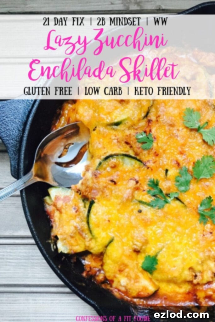 Speedy Skillet Zucchini Enchilada Supper 8 A cast iron skillet full of meat, zucchini, and enchilada sauce topped with melted cheddar cheese and cilantro. With the text overlay- 21 Day Fix | 2B Mindset | WW | Lazy Zucchini Enchilada Skillet | Gluten Free | Low Carb | Keto Friendly| Confessions of a Fit Foodie