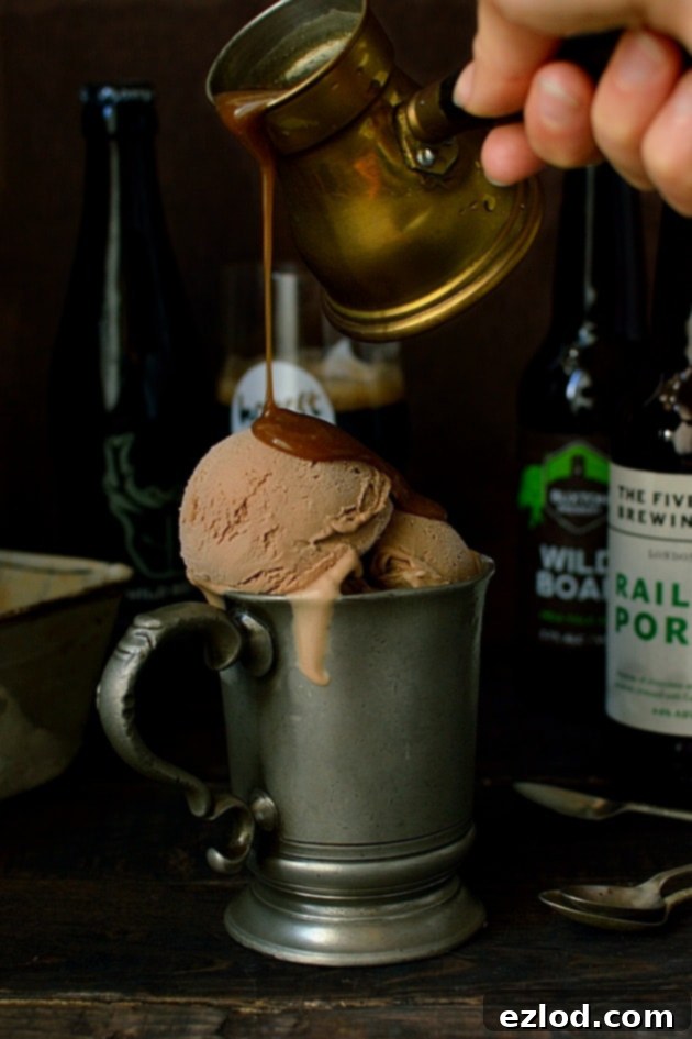 Milk chocolate porter beer (or stout) ice cream with porter caramel sauce
