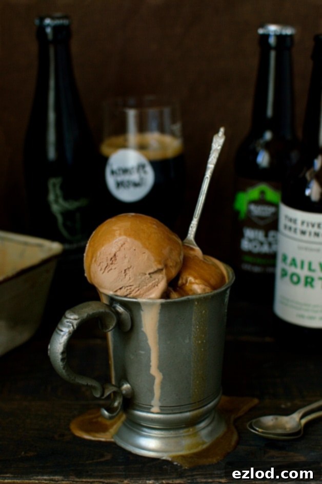 Chocolate porter (or stout) beer ice cream with porter caramel sauce