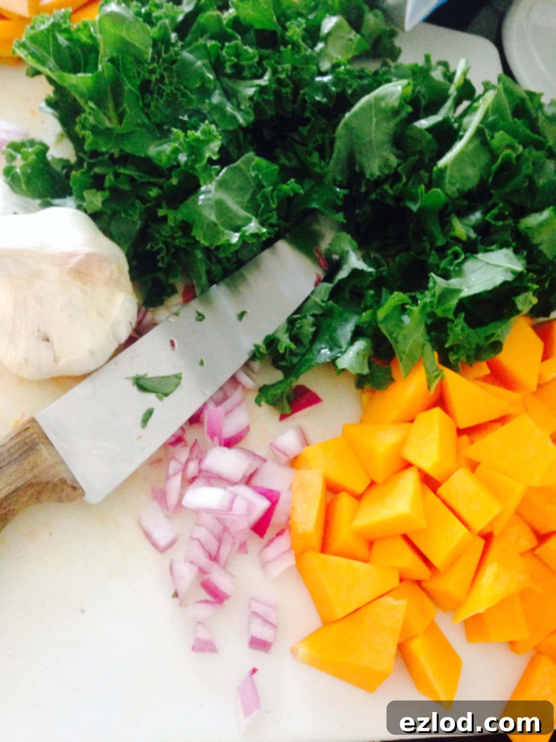 Easy Shrimp, Kale, and Butternut Squash Saute - a 21 Day Fix dinner recipe from ConfessionsOfAFitFoodie.com - showing the colorful ingredients