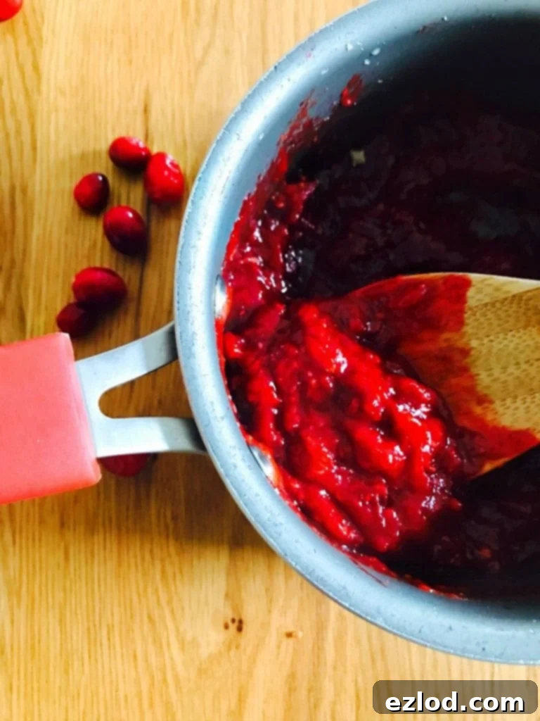 Cranberry Horseradish Chutney in a sauce pan with a wooden spoon