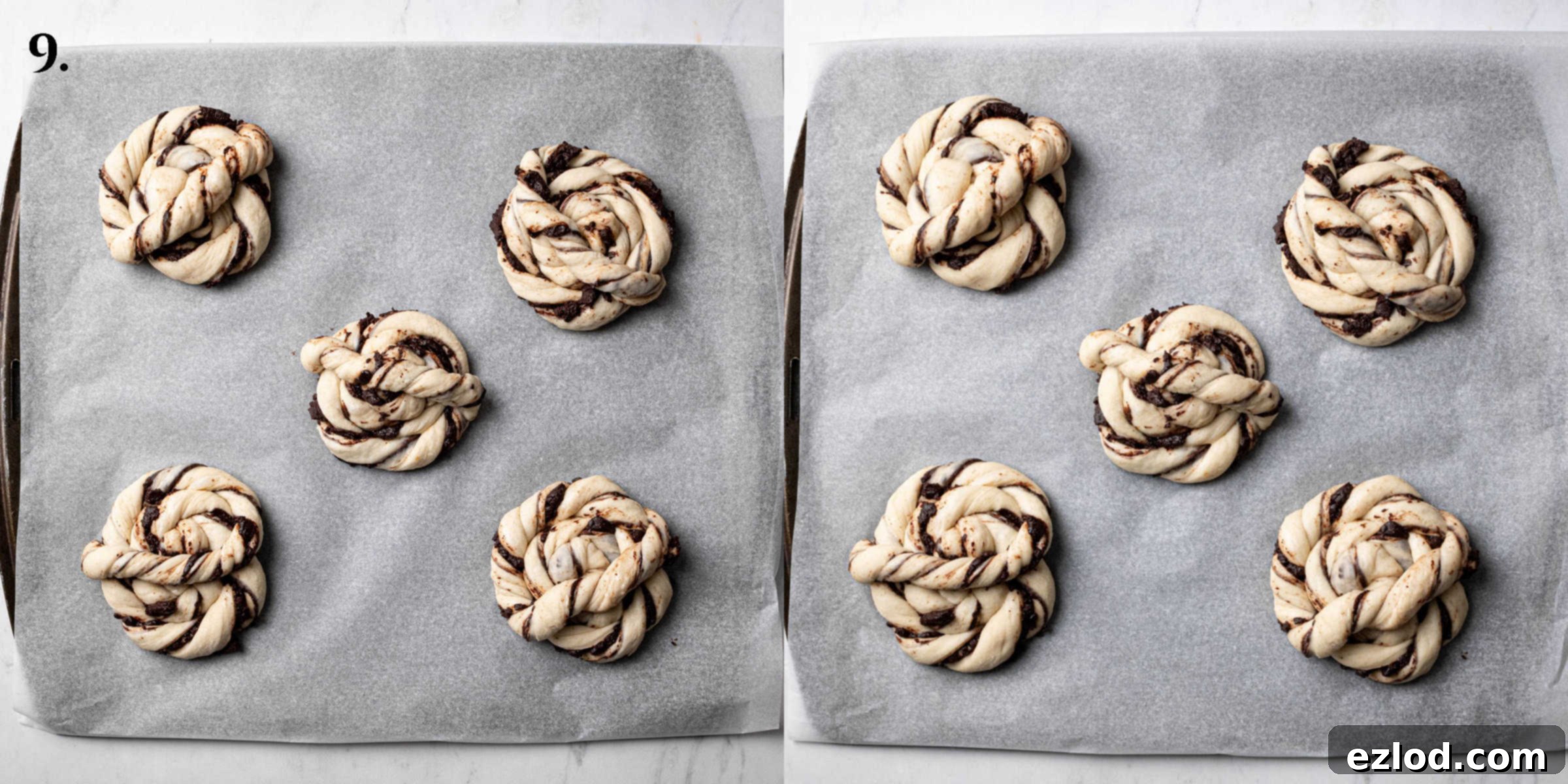 Step 9, a 2 image collage of the buns before and after rising.