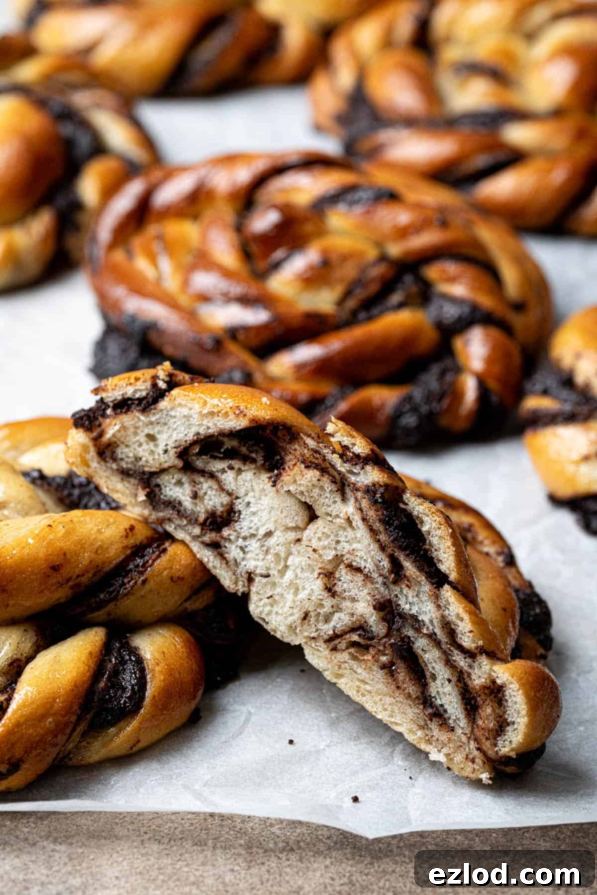 A vegan chocolate swirl bun sliced in half.