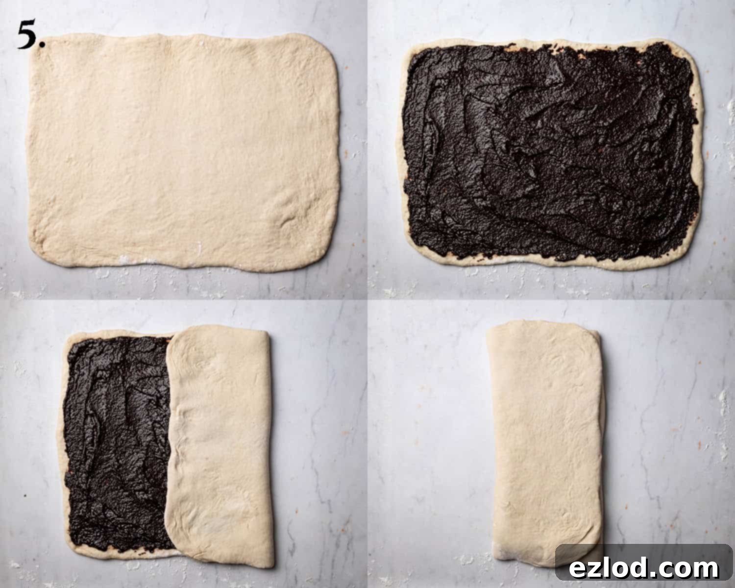 Step 5, a 4 image collage of rolling out the dough, adding the filling and folding it up.