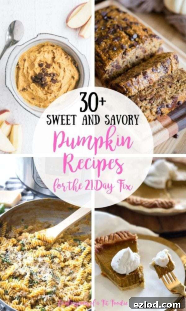 Food photo collage with pink and black text on a white circle. Text says, 30+ Sweet and Savory Pumpkin Recipes for the 21 Day Fix | Confessions of a Fit Foodie