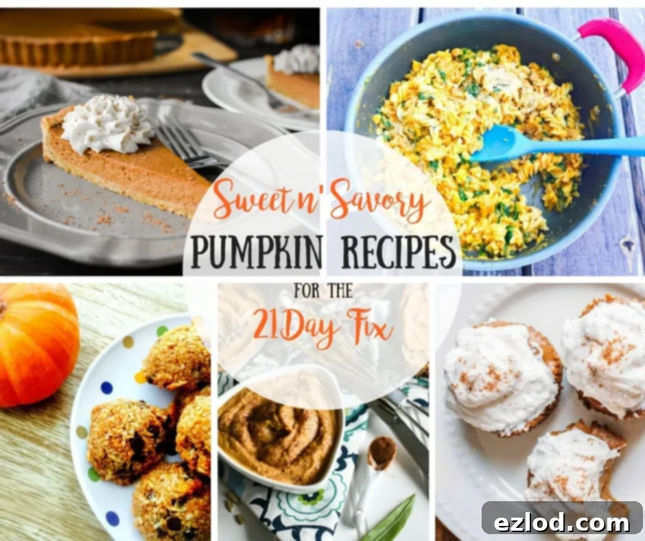 Food photo collage with orange and black text on a white circle. Text says, Sweet n' Savory Pumpkin Recipes for the 21 Day Fix