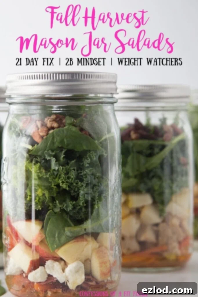A final, enticing image of a Fall Harvest Mason Jar Salad, ready to be enjoyed, emphasizing its appeal as a healthy, convenient, and visually pleasing meal.