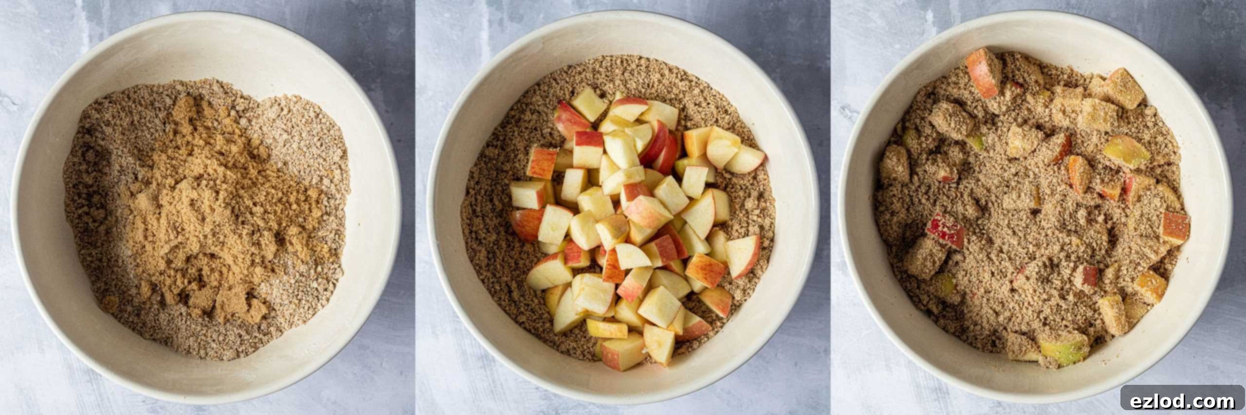 Step 2 in a three-image collage: stirring light brown sugar into the flour mixture, adding diced apples, and mixing the sugar and apples into the dry ingredients.