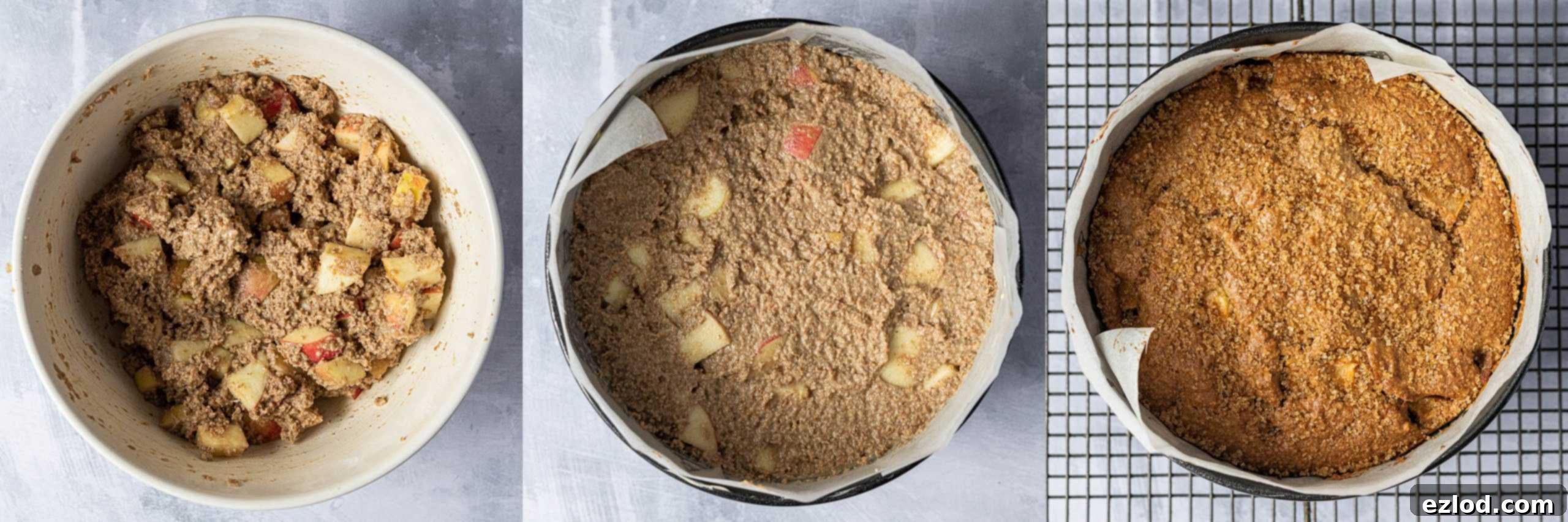 Step 3 in a three-image collage: adding non-dairy milk to the batter, transferring the stiff batter to the prepared cake tin, and the final baked wholemeal apple cake.