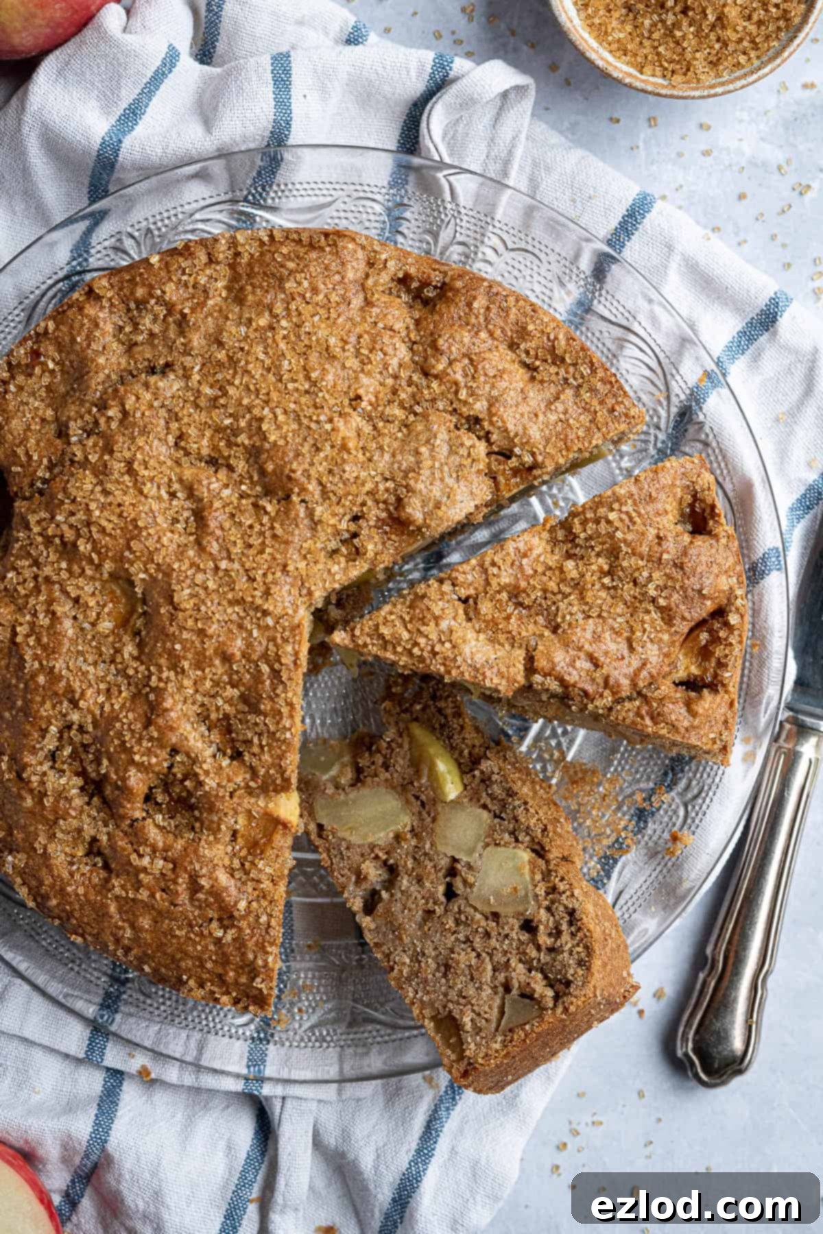 Close up of a thick slice of vegan wholemeal apple cake, showcasing its moist interior with visible apple pieces and a crunchy sugar topping.
