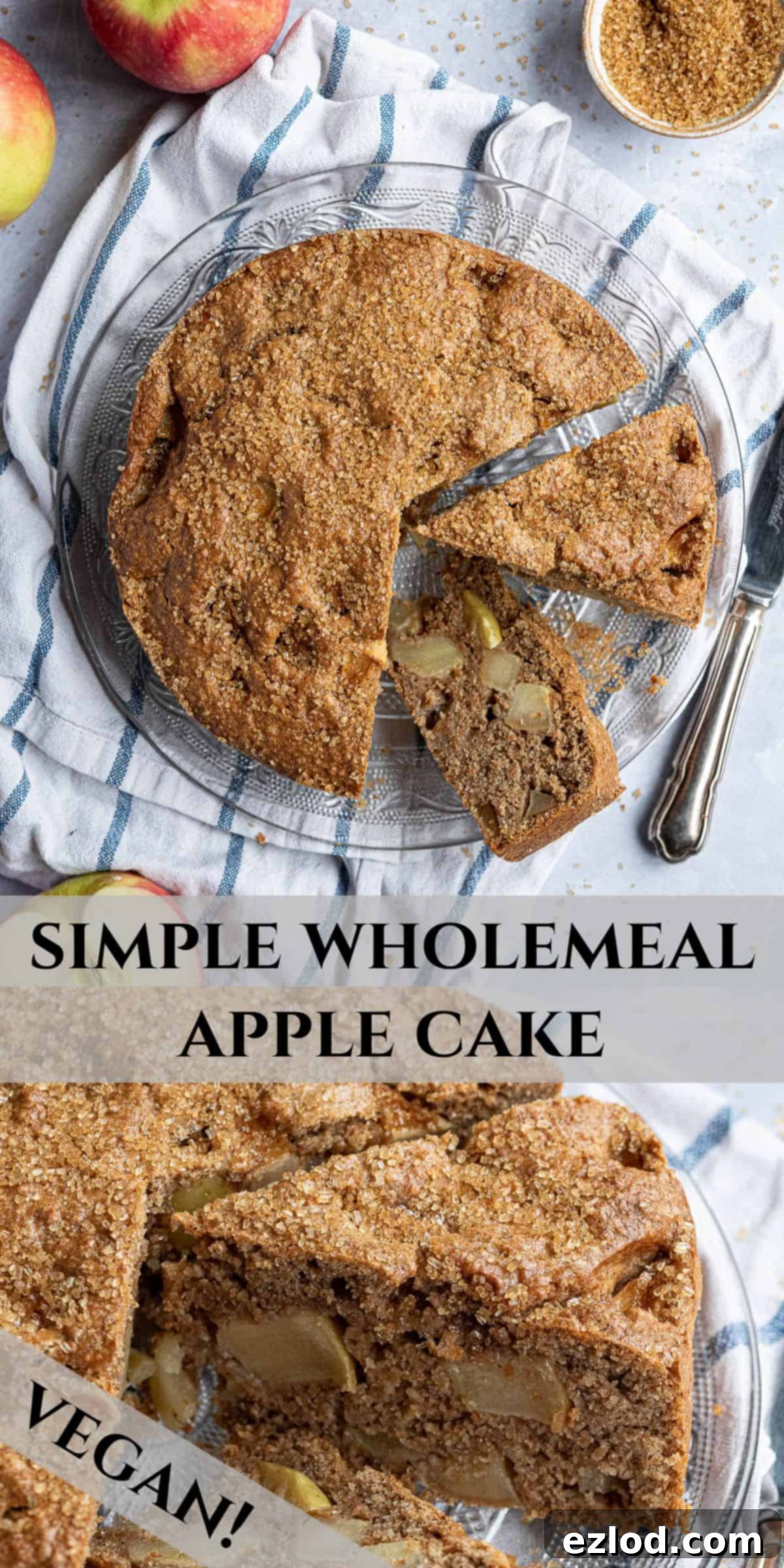 Pinterest collage image for a simple wholemeal apple cake, showing various stages and the final product, perfect for sharing.