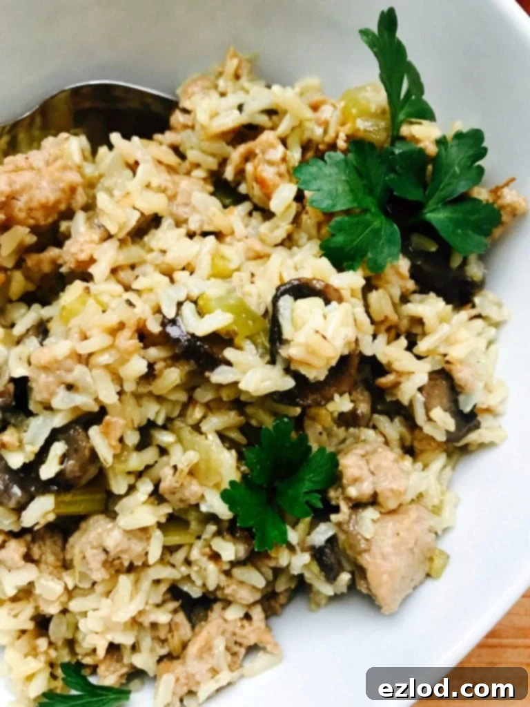 Close up photo of a white bowl full of Instant Pot Brown Rice and Sausage Stuffing, packed with veggies like celery and mushrooms and topped with fresh parsley for a vibrant finish.