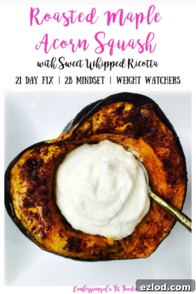 Two halves of a perfectly roasted acorn squash are presented on a clean, rectangular white plate, brimming with sweet maple whipped ricotta. Spoons are elegantly placed in each portion, indicating they are ready to be savored. This image also includes an overlay with text: 'Roasted Maple Acorn Squash with Sweet Whipped Ricotta | 21 Day Fix | 2B Mindset | Weight Watchers | Confessions of a Fit Foodie'.