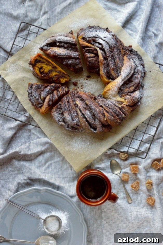 Chocolate and ginger filled yeasted pumpkin bread twisted wreath