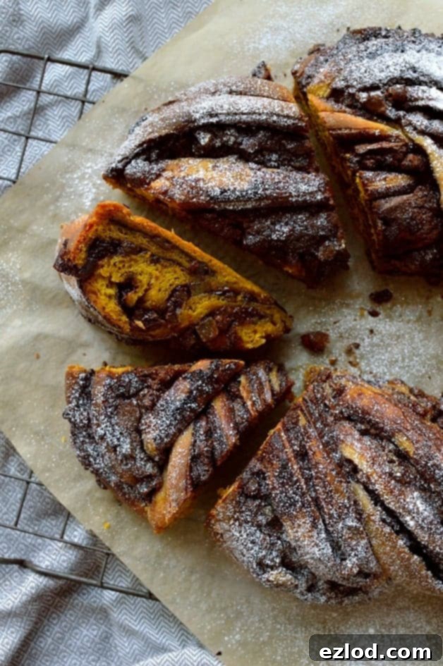 Chocolate and ginger filled spiced pumpkin bread couronne
