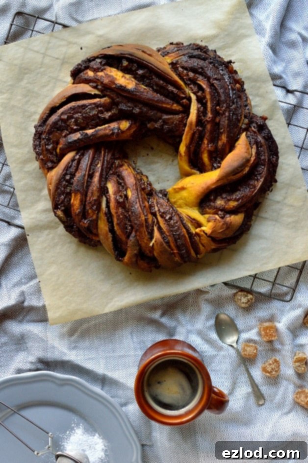 Chocolate and ginger swirled pumpkin spice bread wreath