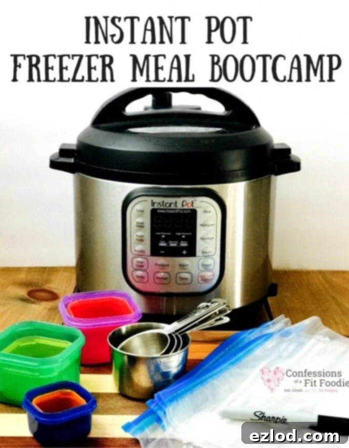 Photo of kitchen cooking supplies with black text overlay. Text says, Instant Pot Freezer Meal Bootcamp | Confessions of a Fit Foodie