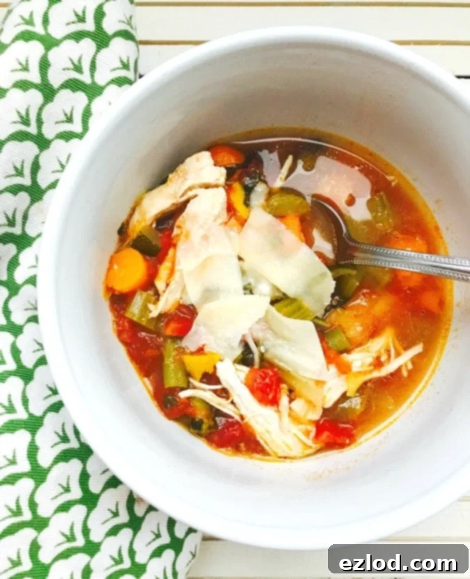Overhead photo of a bowl of chicken veggie soup topped with parmesan cheese.