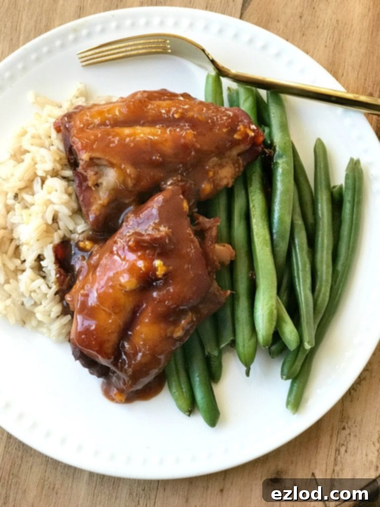 Overhead photo of chicken thighs in sauce with brown rice and green beans on a white plate.