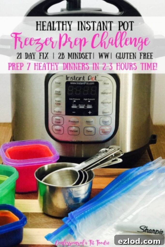 Close up of Instant Pot with kitchen tools on a wooden surface. Black and pink text on a gray rectangle; text says, Healthy Instant Pot Freezer Prep Challenge | 21 Day Fix | 2B Mindset | WW | Gluten Free | Prep 7 healthy dinners in 2-3 hours time! | Confessions of a Fit Foodie
