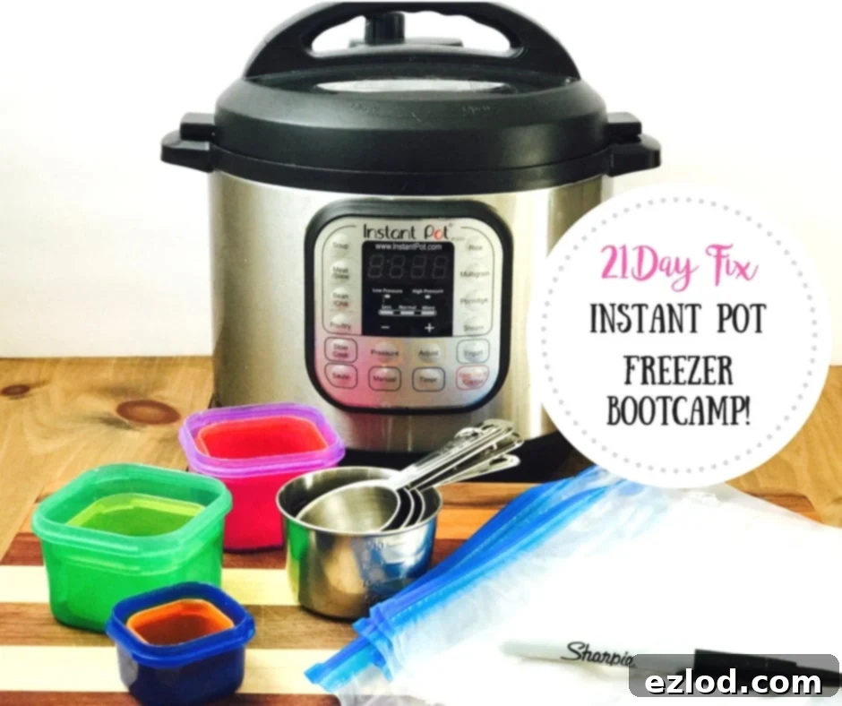 Photo with portion controlled containers, and Instant Pot, measuring spoons, and gallon storage bags. Over the photo is a small white circle with black and pink text. Text says, 21 Day Fix Instant Pot Freezer Bootcamp