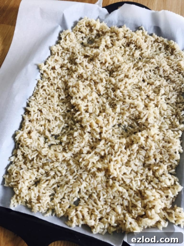 Parchment lined baking sheet filled with cooked brown rice