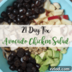 21 Day Fix Avocado Chicken Salad, showing the finished product with chicken, avocado, grapes, walnuts, and apples.