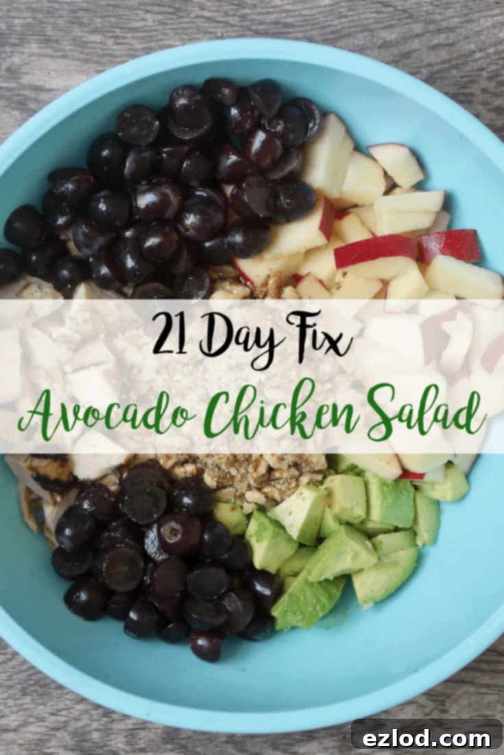 Pinterest-ready image for 21 Day Fix Avocado Chicken Salad, with mixed salad and text overlay promoting the healthy, no-mayo recipe.