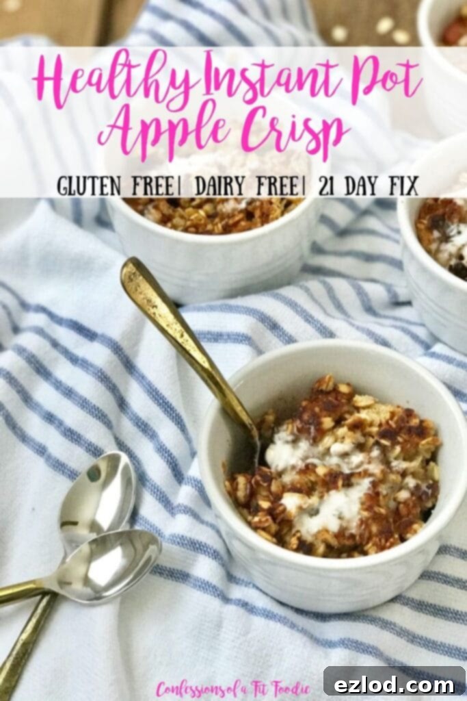 So quick and easy - this 21 Day Fix Instant Pot Apple Crisp is fast enough for a weekday dessert (or breakfast), but delicious enough for the Holidays. It's gluten free and dairy free, too! Healthy Dessert Recipes | Instant Pot Apple Crisp | Weight Watchers Apple Crisp | Gluten Free Apple Crisp #confessionsofafitfoodie #gfdf #healthyinstantpot