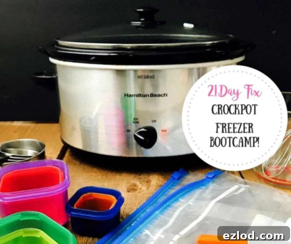 Crock pot with kitchen tools on a wooden surface. Black and pink text on a white circle - 21 Day Fix Crock Pot Freezer Bootcamp